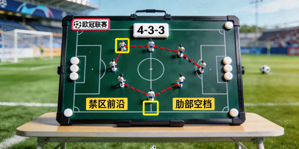 欧冠联赛战术分析板 - 上面画有球队阵型、跑动路线和关键区域标记